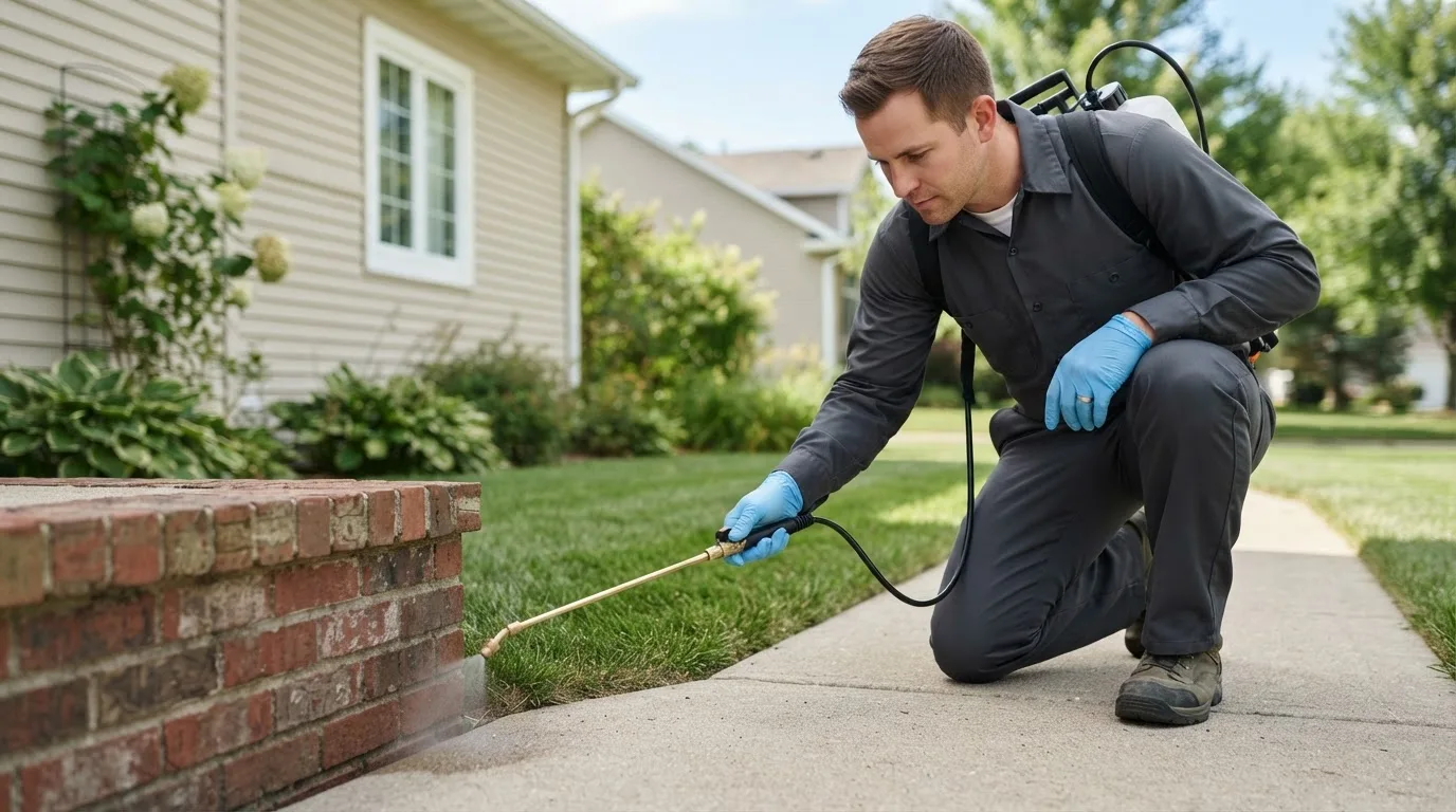 Pest control technician treating a home near Guadalupita, NM